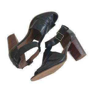 NineWest LUCASIR PeepToe TStrap Ankle Buckle 3.5'' Stacked Block Heel 12 BLACK